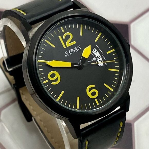 August Steiner Bold Black & Yellow Watch Leather Strap Contrast Stitching - Picture 4 of 16